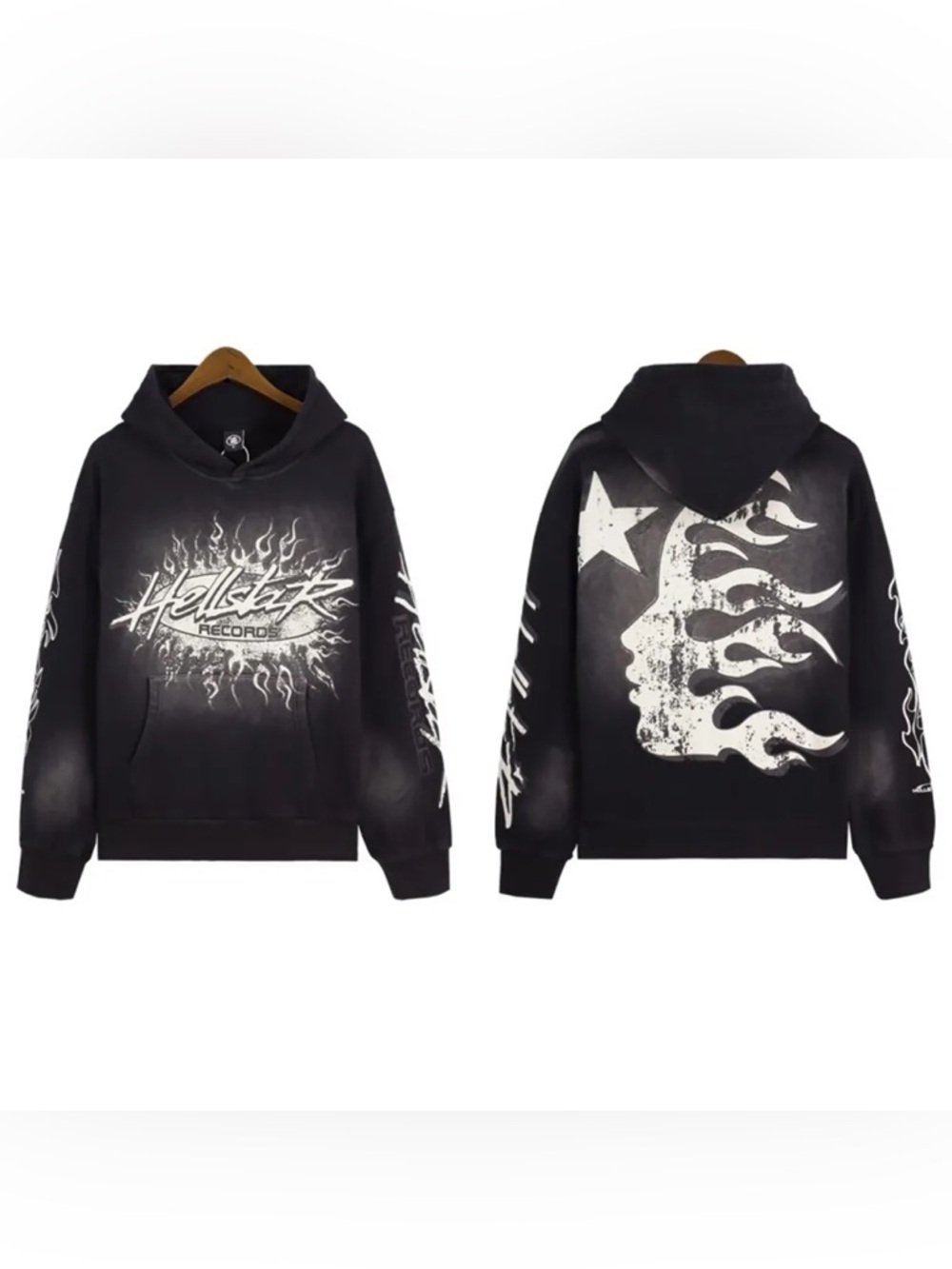 Hellstar Records Tour flame-print hoodie in faded black.
